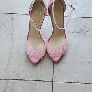 Jessica Simpson Pink Open-Toe Heels with Floral Accent